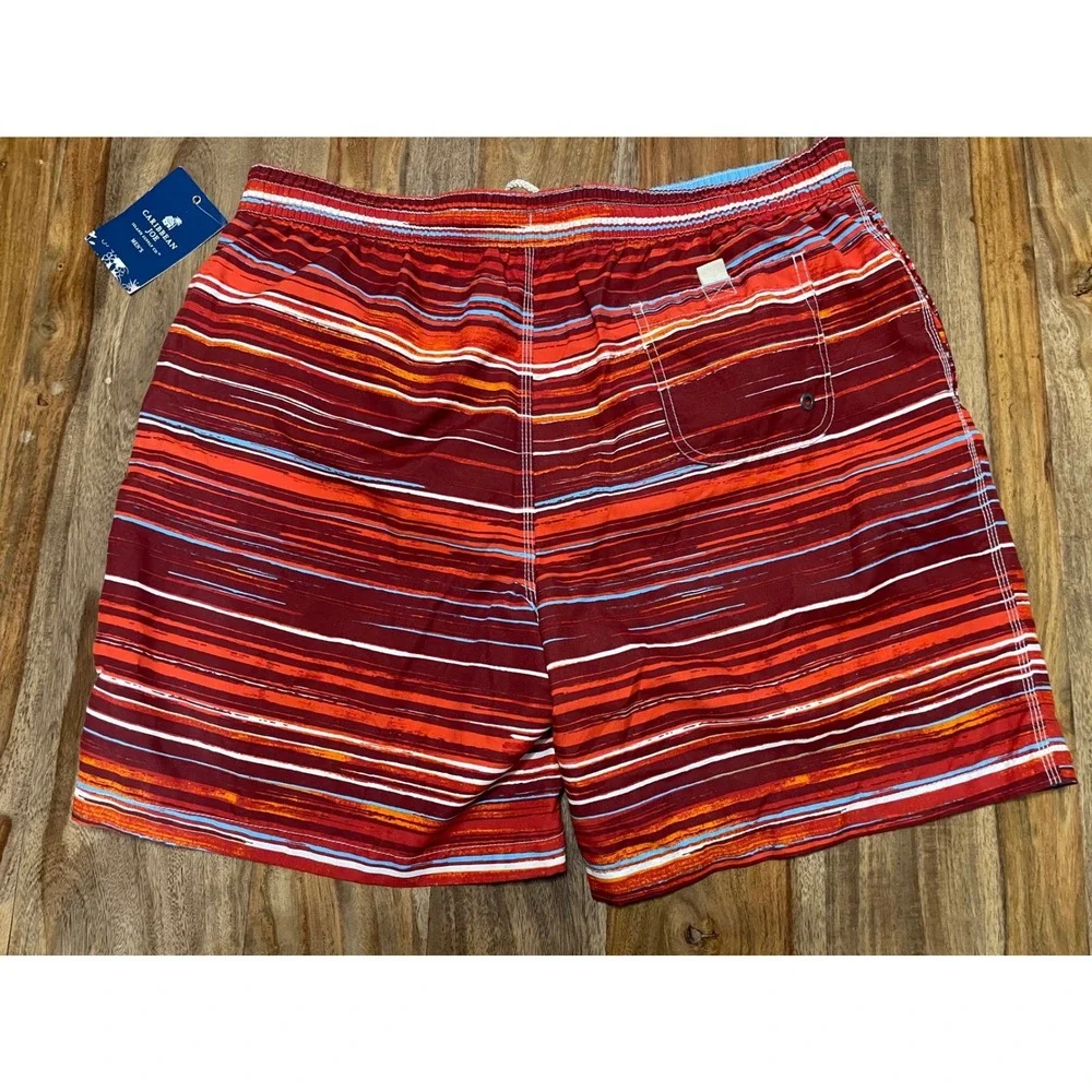 Caribbean Joe Swim Trunks Coral Striped XL MCR9765 Mesh Lined Elastic Waist‎